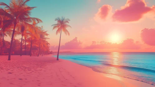 Neon-lit tropical shoreline renders stylized sunset color gradients