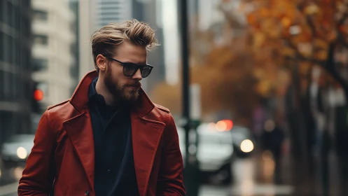 Stylish man in red coat walks through moody autumn city street.