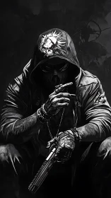 Hooded armed figure in monochrome stylized illustration.