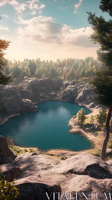 Topographic vista of turquoise quarry lake and mixed woodland basin.