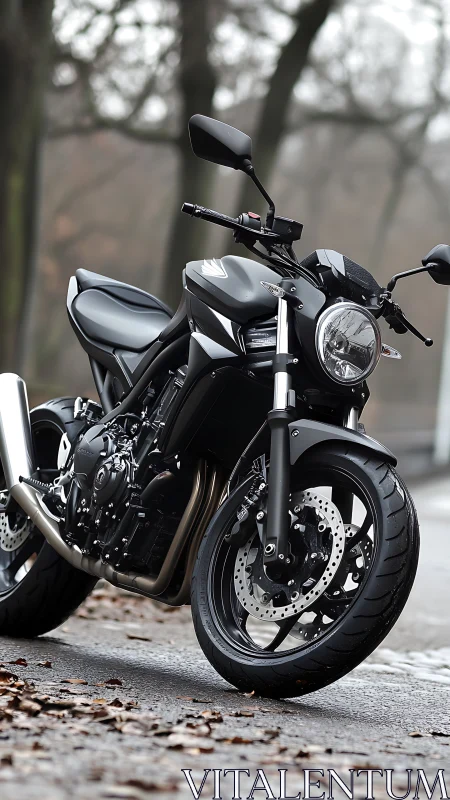 Modern naked motorcycle stands on wet road in overcast park