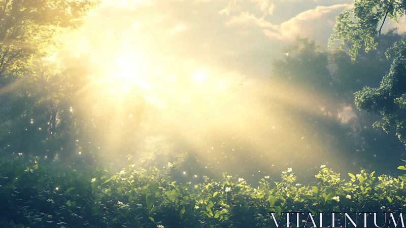 Sunlight Streaming Through Lush Forest in Dreamy Morning Light.