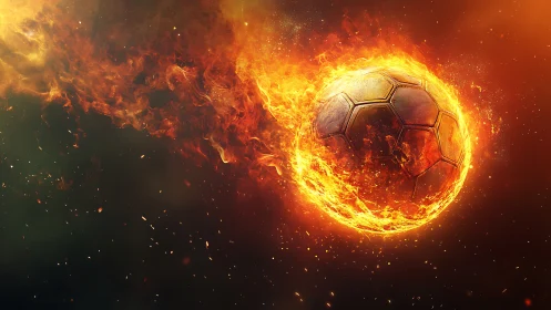 Fiery soccer ball blazes through darkness in dynamic motion