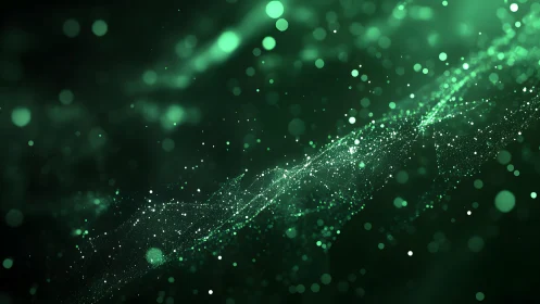 Abstract green light particles flowing in dark digital space.