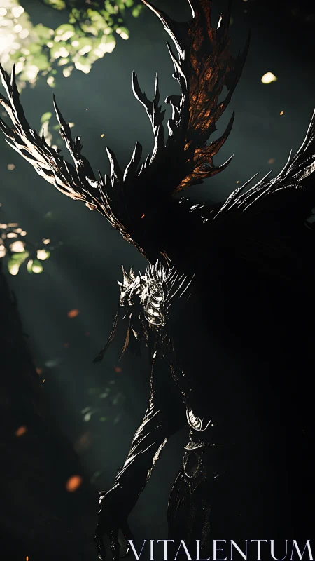 Shadowed antlered entity in backlit forest environment.