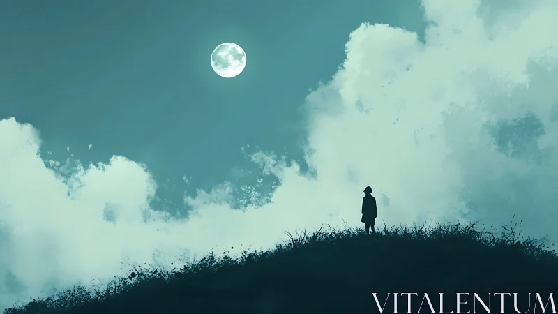 Silhouetted figure on hill under full moon with clouds present.