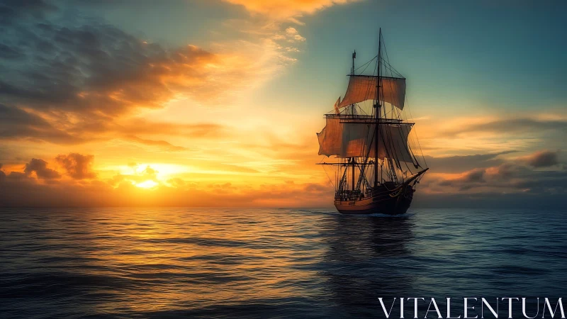 Tall sailing ship crossing calm sea at vivid sunset.