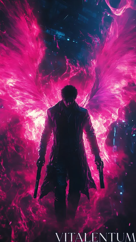 Neon winged gunfighter strides through blazing cyber void.