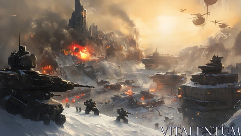 Snowbound sci fi battlefield glowing under fierce sunset.