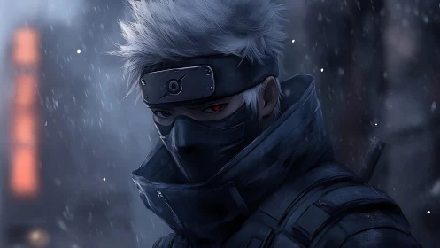 Masked silver-haired ninja stands in a cold, falling snowstorm.