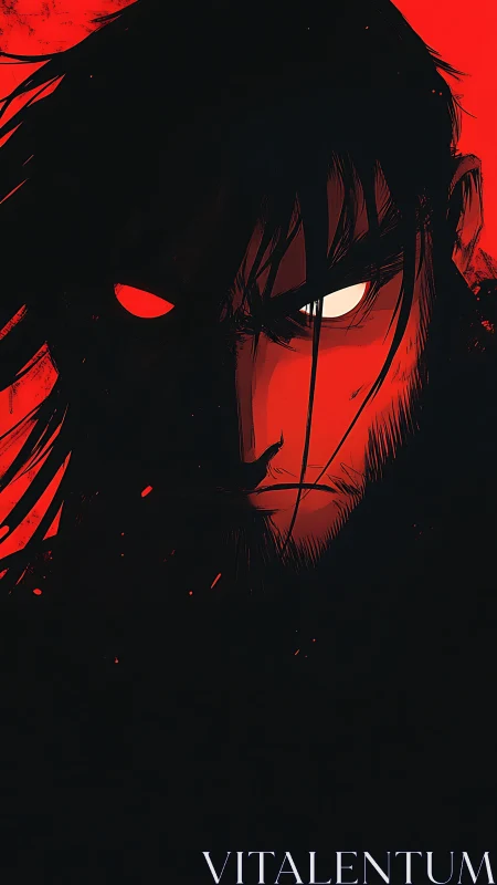 Intense red shadowed warrior staring from the darkness.