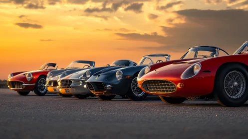 Photorealistic lineup of classic sports roadsters at sunset.