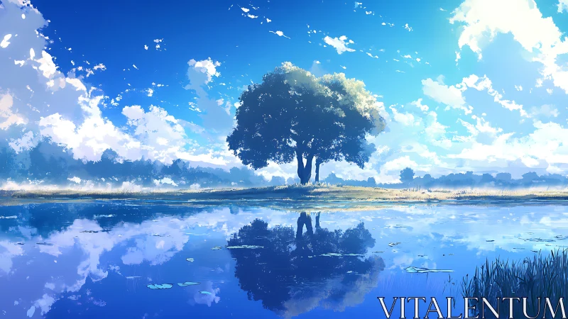 Solitary lakeside tree mirrors against a vast blue sky.