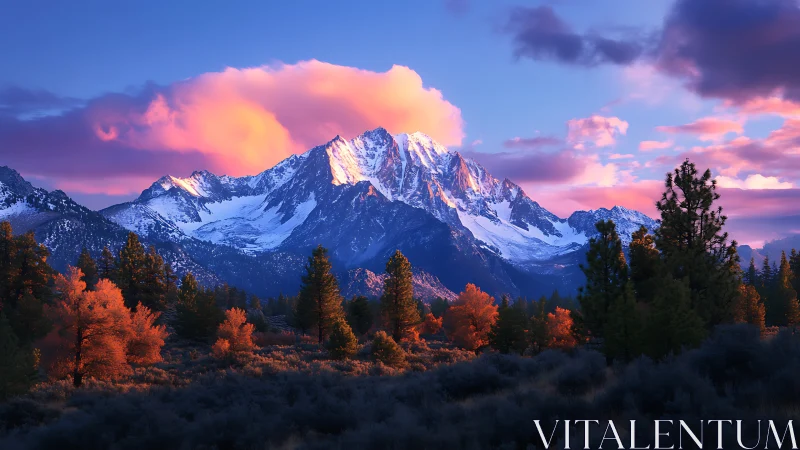 Sunlit alpine peak above autumn forest at vivid sunset.