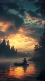 Lone fisherman in small boat under dramatic sunrise sky.