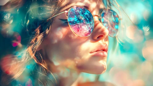 Prismatic portrait of woman in mirrored sunglasses, bokeh glow.