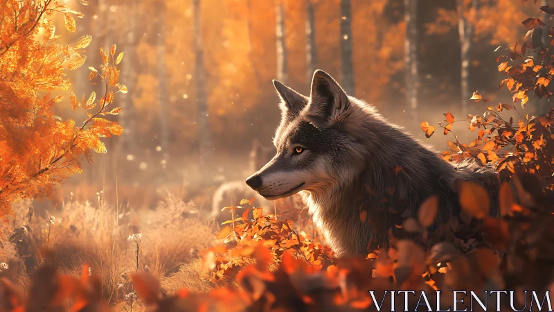 Wolf stands amid autumn foliage in soft backlit forest scene