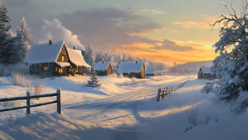 Snowy village cabins glow under a tranquil winter sunset.