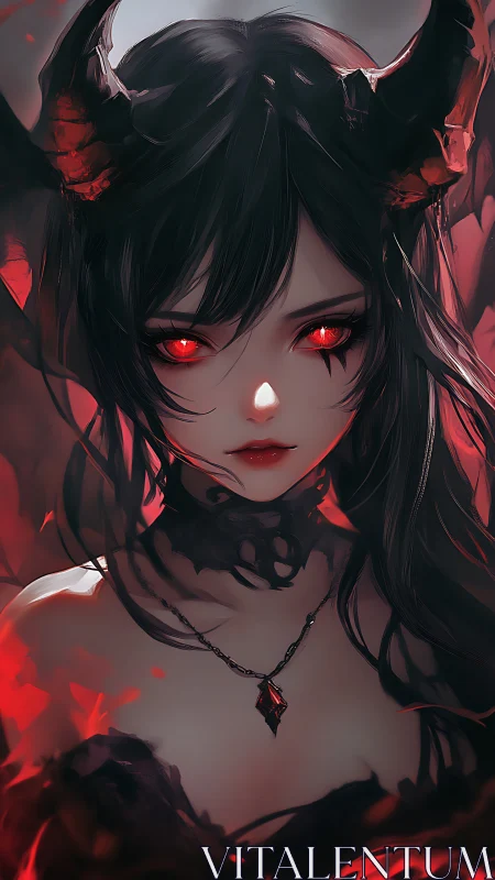 Demonic girl with glowing red eyes stares through crimson haze