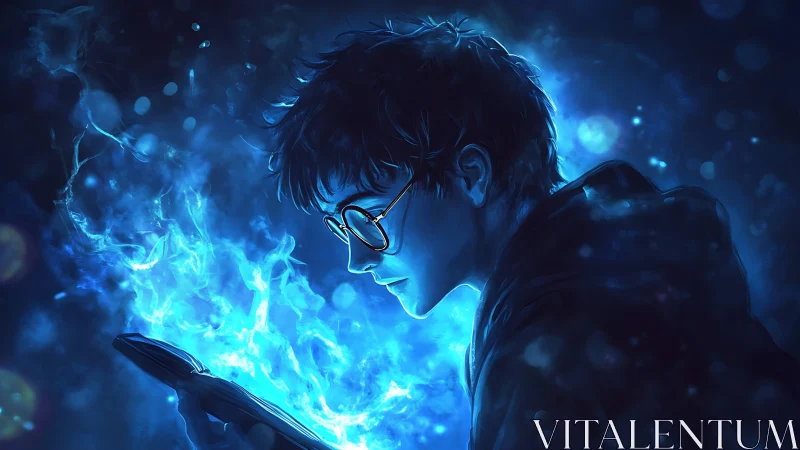 Mystical reader bathed in blue ethereal spellfire glow.