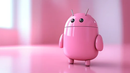 Pink glossy robot figurine stands on reflective surface