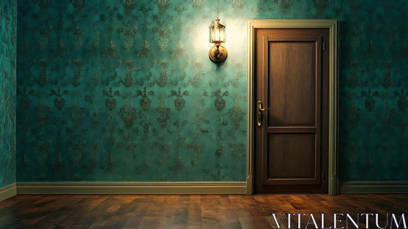 Wooden door and teal damask wall under warm sconce light.