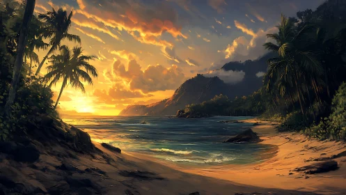 Tropical shoreline rendered in warm, painterly sunset light