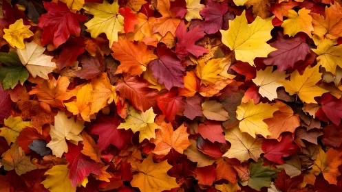 Dense maple leaf carpet displays saturated autumn chromatic range