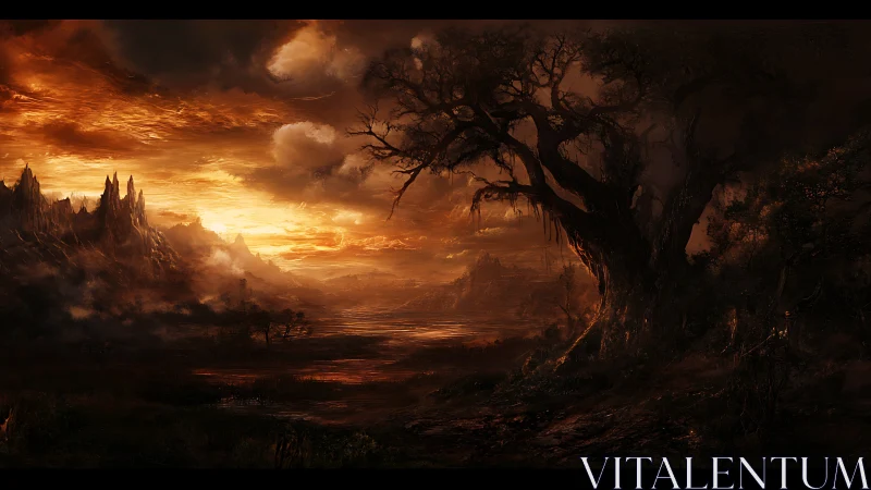 Burning horizon over twisted wasteland and skeletal tree.