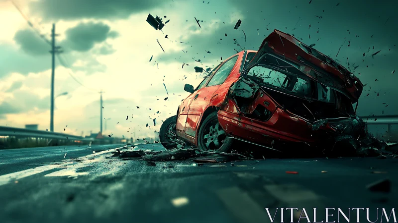 Shattered red car wreck on wet highway under storm sky.