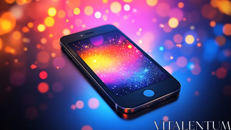Smartphone on glowing bokeh background with vivid colors.