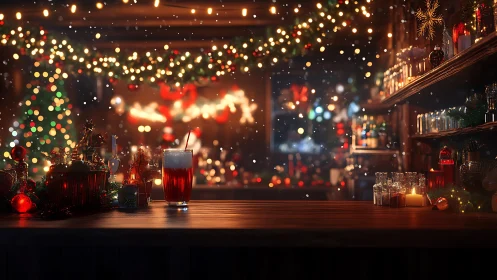 Festive bar counter with illuminated Christmas garlands and drink