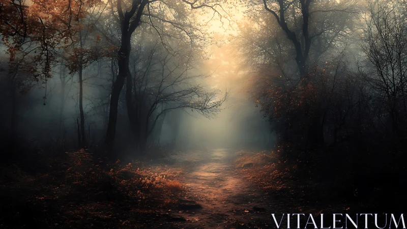 Misty Forest Path with Autumn Foliage and Natural Light.