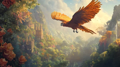 Golden phoenix gliding over a lush, enchanted valley.