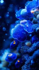 Deep blue coral garden with glowing fish in gentle drift.