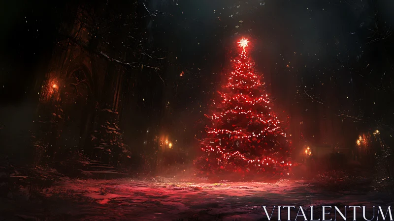 Enchanted crimson Christmas tree glowing in moonlit ruins.