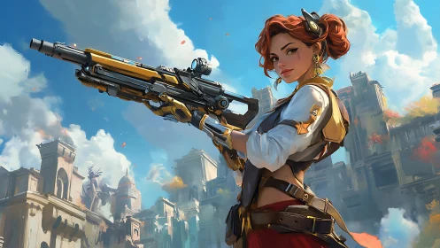 Skyline sentry with a playful grin and sci fi rifle poised.