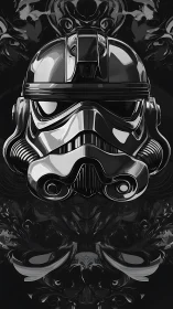 Chrome trooper helm drifts over swirling gothic shadows