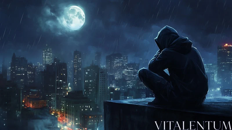 Hooded loner on rainy rooftop above neon lit cityscape.