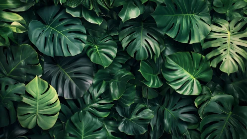 Lush tropical monstera foliage forming dense green canopy.
