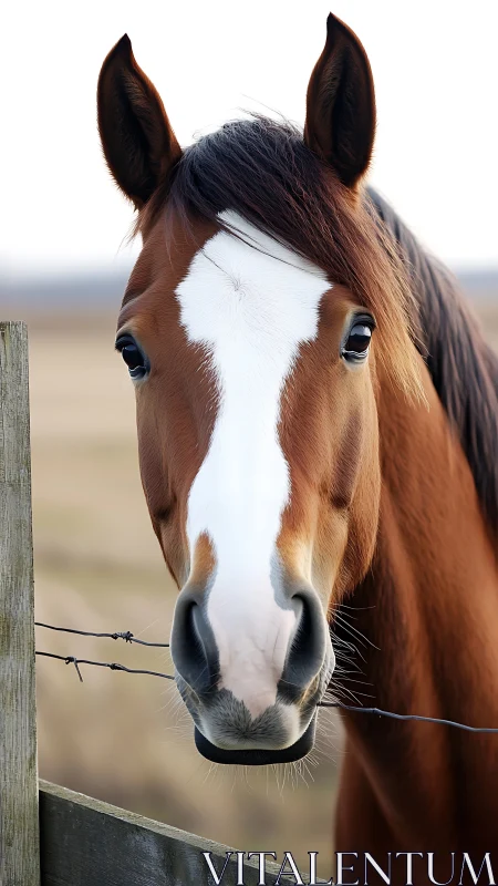 Chestnut horse head at fence with prominent white blaze.