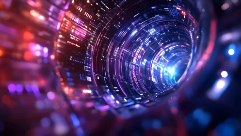 Futuristic digital tunnel with neon lights and glowing circuitry, sci-fi art.