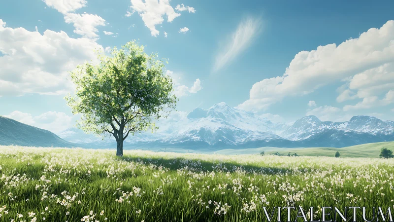 Solitary green tree in bright alpine meadow landscape.