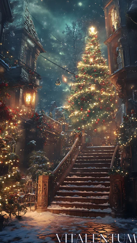 Snowy Christmas stairway glows with warm festive lights