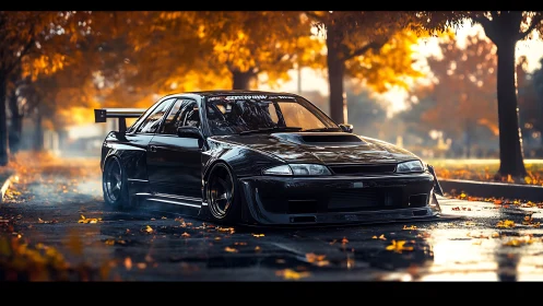 Modified black sports coupe under golden autumn canopy.
