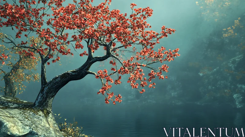 Autumnal lakeside tree rendered in atmospheric digital detail.