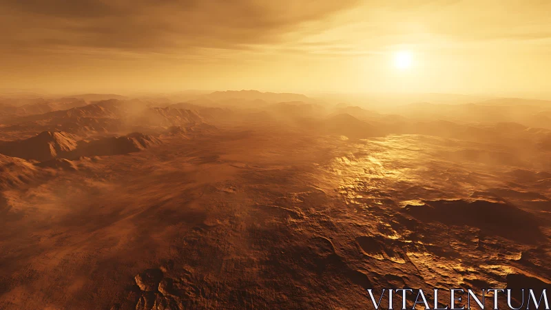 Sunlit Martian plains simmer under a molten amber hush.