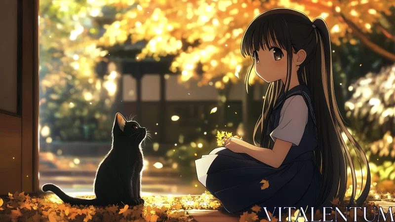 Autumn shoji veranda scene with girl and black cat in bokeh light