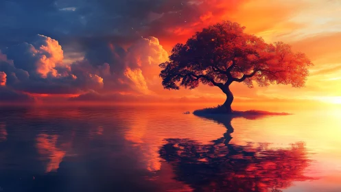 Solitary tree over radiant sunset water horizon.
