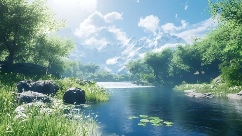 Mountain river flows through green valley toward distant peaks